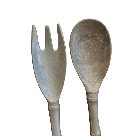 Metal Salad Serving Set Fork and Spoon Bamboo Design Handle 12" - Picture 3 of 5
